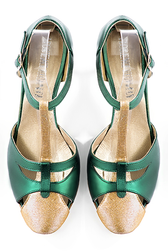Gold and emerald green women's T-strap open side shoes. Round toe. High slim heel. Top view - Florence KOOIJMAN
